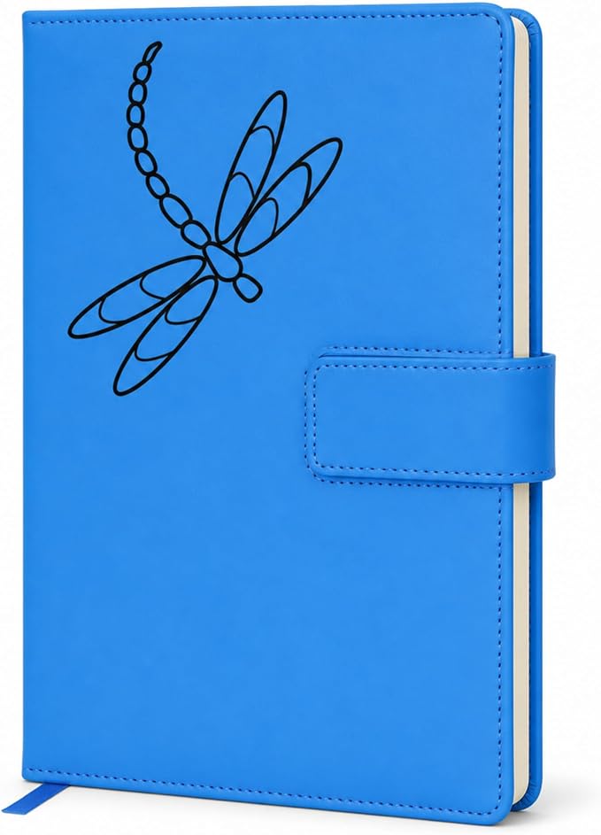 The Amazing Office Dragonfly Refillable Journal, Light Blue Faux Leather, 200 Lined Pages, 5.75x8.5 Inch Notebook with Magnetic Clasp and Pen Holder, Writing Diary for Women and Men