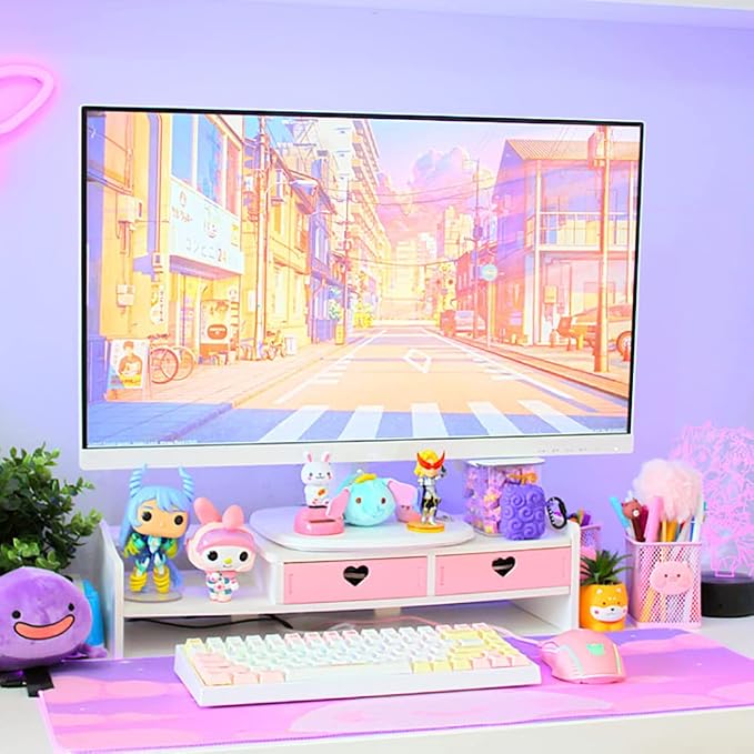 Kawaii Desk Organizer Cute Desk Organizer with Drawers Monitor Riser Stand Monitor Riser Computer Stand for PC, Laptop, Printer