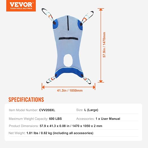 VEVOR Full Body Patient Lift Sling & Commode Opening, Patient Lift Medical Sling for Safe Bathing, Toileting, Polyester Patient Aid Commode Sling for Elderly, Disabled, Bedridden, 600LBS (Large Size)
