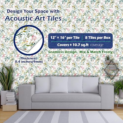 PINWELIFE® Acoustic Art Tiles – 8-Pack 12"x16" Sound Absorbing Panels, Seamless Wallpaper-Style Decorative Acoustic Wall Art, Echo Reduction for Home Studio/Office, Nano Tape Included