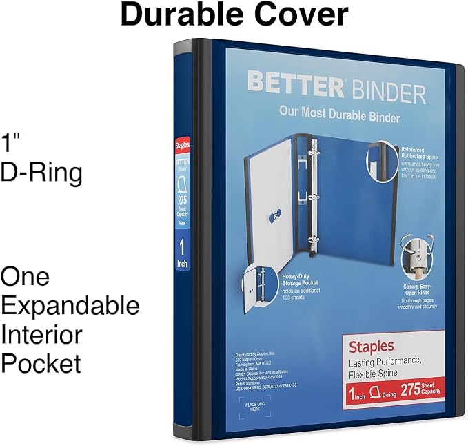 Staples Better Binder, 1 Inch 3-Ring, Navy Blue, Locking Rings, 3-Pk | Wide spine view binder with durable construction for office organization.