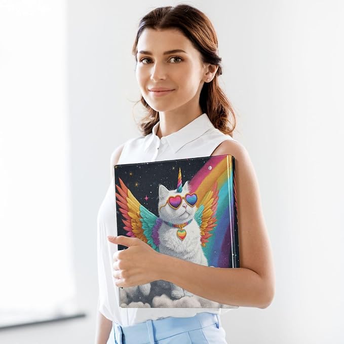 Aslsiy Kids 3 Ring Binder 1.5 Inch Unicorn Cat Rainbow Cloud Girls Round Clipboard Binder Decorative Harcover Binders Organizer for Office School Supply