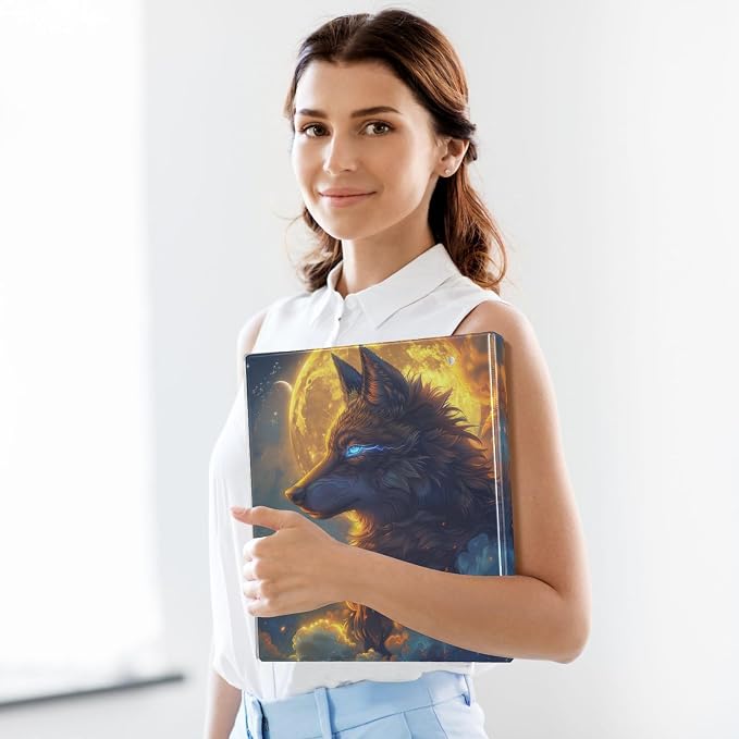 Cool Wolf Moon Printed 3-Ring Binder for School Office, 1.5 Inch Round Ring Binder for Home Recipe Budget Aesthetic Binder with Pocket Metal Non-Slip Clip Holds 200 Sheets of Paper