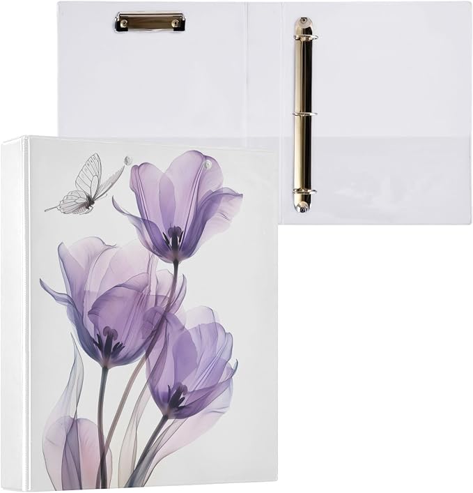 3 Ring Binder Purple Tulips Flower Butterfly 1.5" Round Ring Binders View Binder with 200 Sheet for Kids School Supplies Women Men Office, 1 Pack