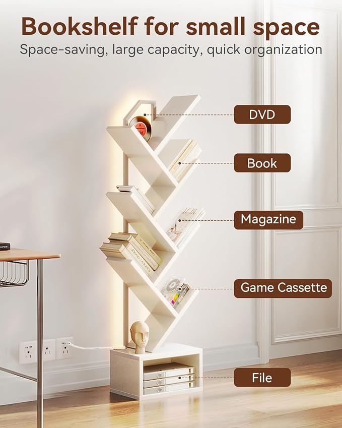 Casaottima Tree Bookshelf with LED Lights, 6-Tier Small Bookshelf, White | Narrow Bookcase for Small Spaces, Steel & Wood Storage Shelf with Cabinet, Home Organizer for Living Room, Bedroom, Office