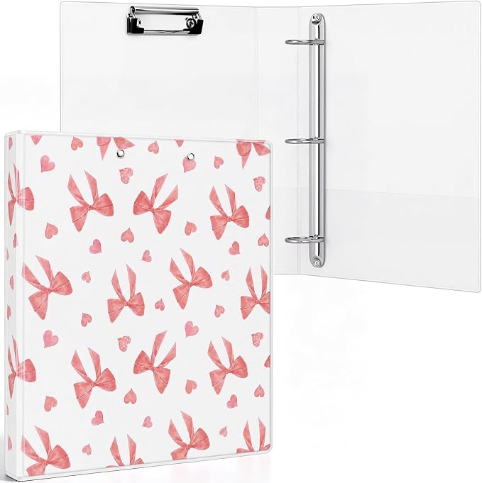 Colarr Pink Bow 3 Ring Binder 1 Inch with Clipboard Interior Pockets, Cute Preppy Round Ring Binder for Office Supplies & File Folder Organization