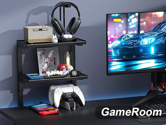 2-Tier Desk Shelf | Desk Organization Expandable Clamp on Desk Shelf Desktop Accessories for Offices and Game Rooms (Black)