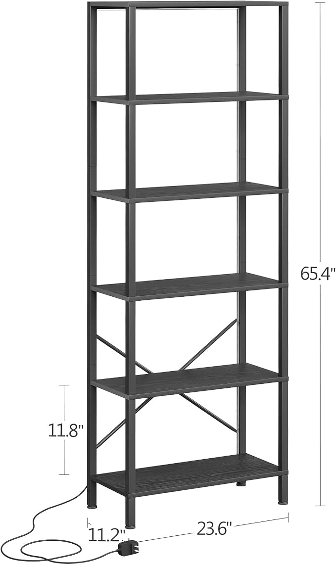 JARHETUN 6-Tier Bookshelf, Tall Bookcase with LED Lights, Book Shelf with Steel Frame, 11.2" x 23.6" x 65.4", Display Storage Shelf for Living Room, Bedroom, Home Office, Study, Black