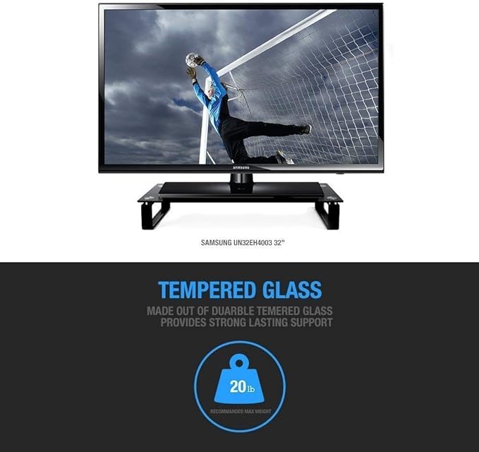 Type-S Black Tempered Glass Monitor Stand, TV, Laptop, Computer, All-In-One Desktop, Printer Riser [21.75 x 8.25 x 3.25 Inches]
