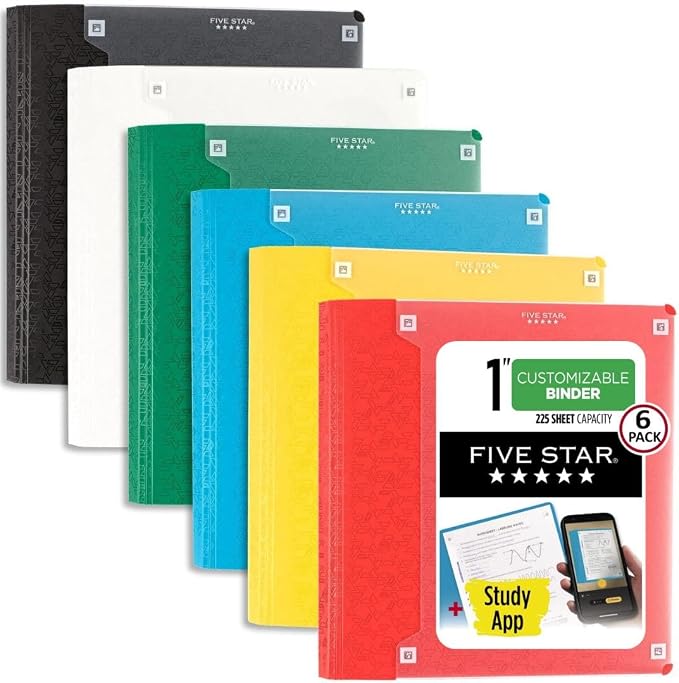 Five Star 3-Ring Binder + Study App, 6 Pack, 1 Inch Binder with D Rings and Customizable Clear View Cover, 225 Sheet Capacity, Assorted Colors (261440-23)