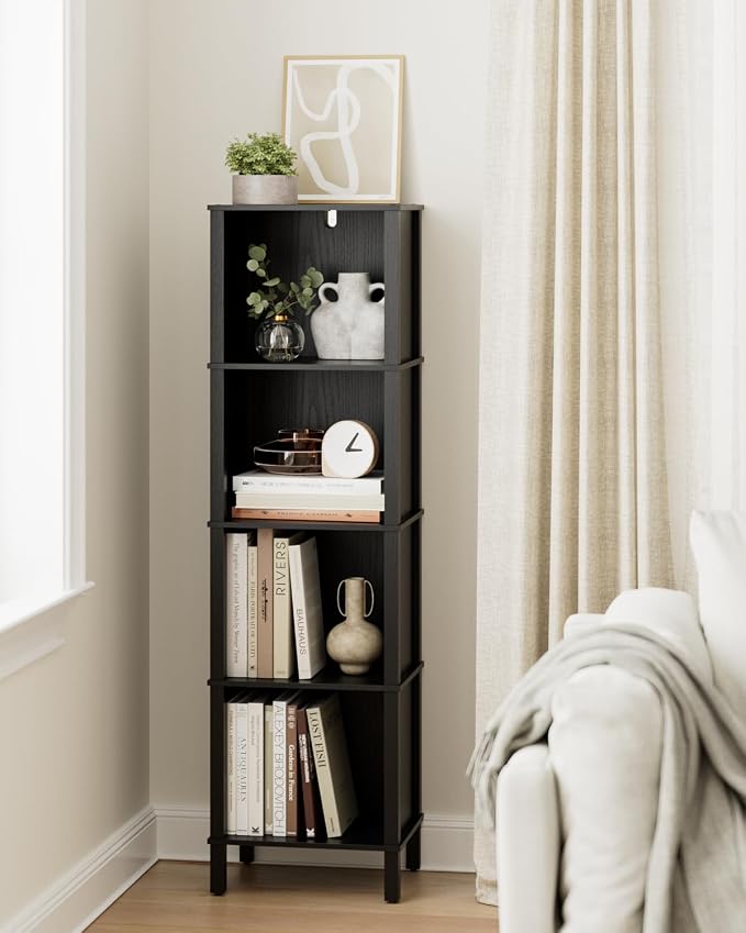 Bookshelf, Modern 5-Tier Bookcase, Open Storage Book Shelf, 11 × 14.2 × 50.4 Inches, Small Narrow Bookshelves for Living Room, Home Office, Bedroom, Black