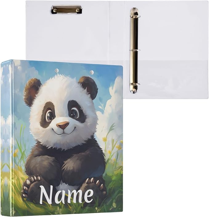 Custom 3 Ring Binder Panda in Grass 1.5" Round Ring Binders Personalized Name View Binder with 200 Sheet for Kids School Supplies Women Men Office, 1 Pack