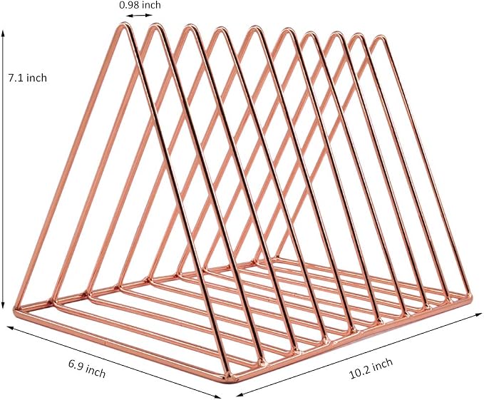 9 Slot Magazine Rack Book Record Holder, Desktop Iron Storage Rack Bookshelf Multifunction Triangle File Organizer Sorter for Decor Home Office, Rose Gold Pack of 2