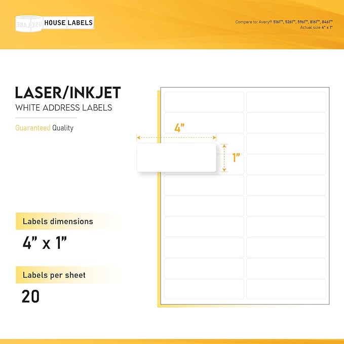 HOUSELABELS 20-up Shipping Labels (4" x 1") for Laser and Inkjet Printers, 1200 Sheets