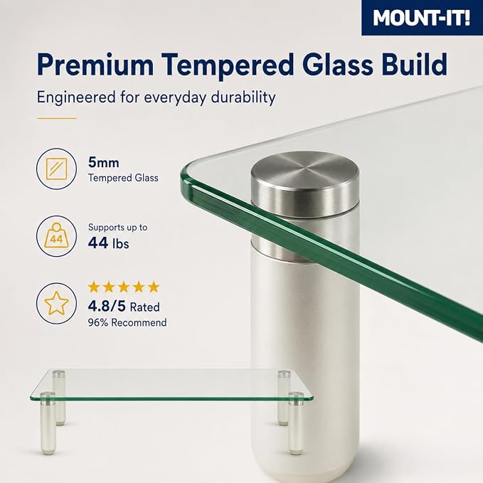 Mount-It! Glass Desktop Monitor Stand Riser, 22", 44 lbs | Raised laptop stand and organizer, clear tempered glass, supports computer screens and office desk supplies.