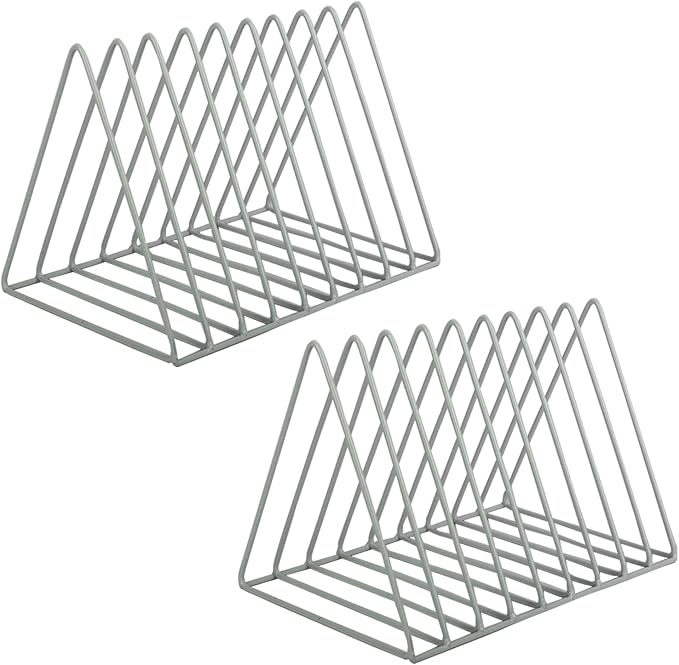 Vinyl Record Holder Storage, 9 Slot Metal Magazine Book Album Display Rack, Stylish Triangle Desktop File Sorter Organizer for Home Office, Grey Pack of 2