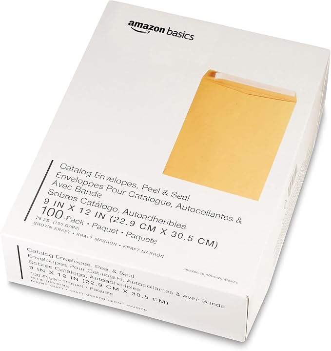 Amazon Basics Catalog Mailing Envelopes, Peel and Seal, 9" x 12", Brown Kraft, 100-Pack