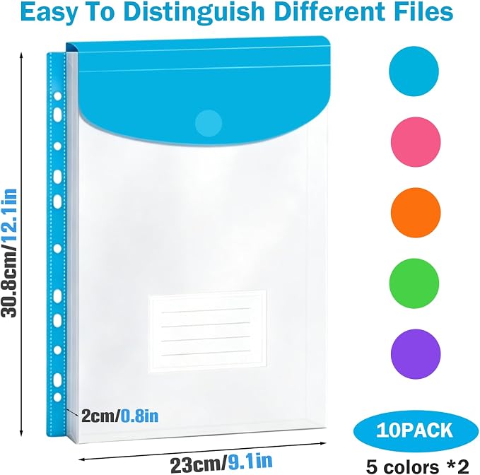 10 Pack Binder Folders with Pockets 11 Holes Expandable Dividers for 2/3/4 Ring Document Pouch with Velcro Button & Label Loose-Leaf Transparent Binder Organizer for School Home Office