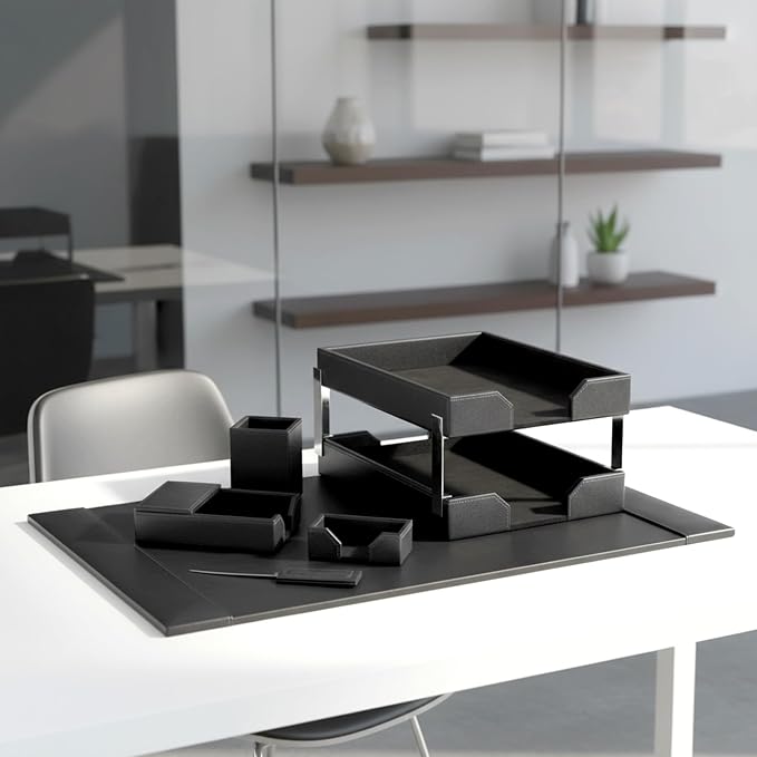DACASSO Bonded Leather Desk Set - Luxury Leather Desk Pad & Desk Organization Essentials - Office Organization & Executive Desk Decor - (Black, 8 Piece)