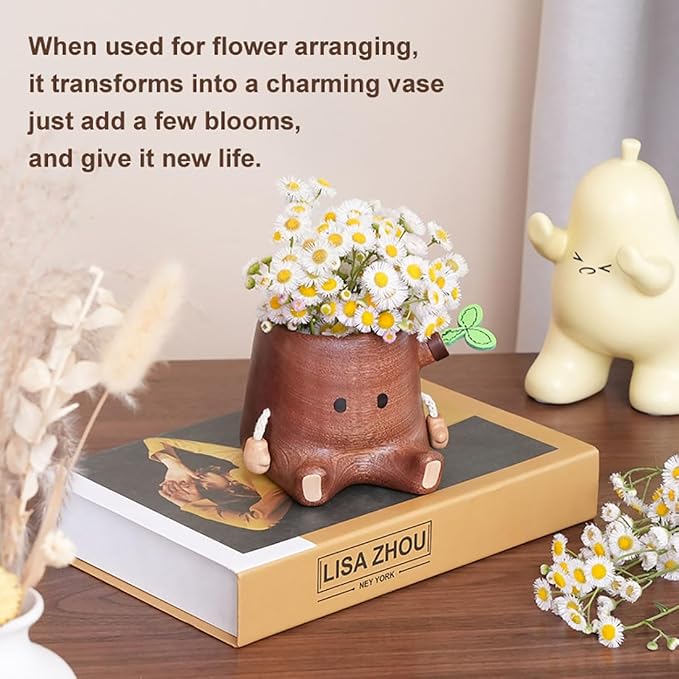 Stump Pen Holder – Cute Wooden Desk Organizer, Fairy Tale Tree Stump Pencil Cup for Stationery, Makeup Brushes, Dried Flowers, Solid Wood Desktop Decor Gift