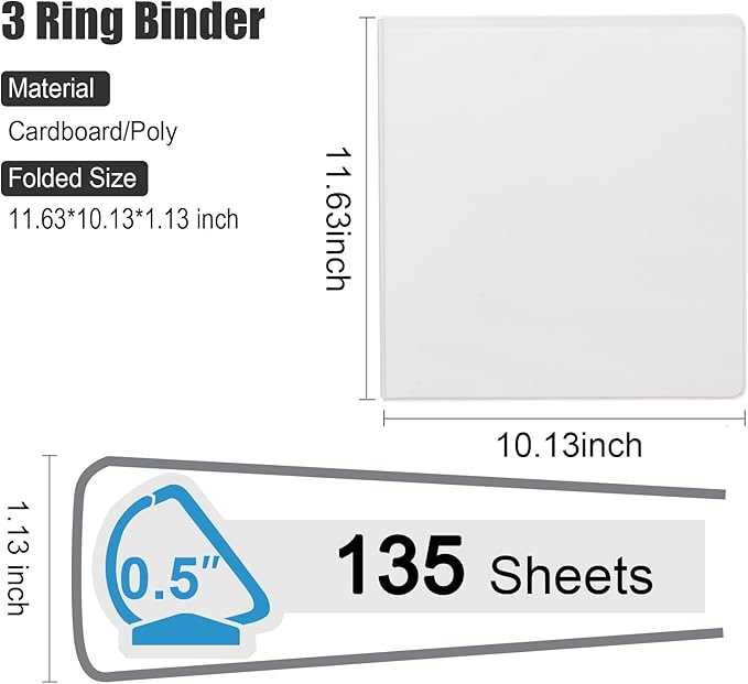 COMIX Heavy Duty 0.5 inch Slant-D Ring View Binder, 1/2 inch 3 Ring Binders, Hold 125 Sheets of 8.5" x 11" Paper, 8 Pack (White)