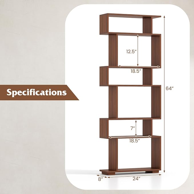 Tangkula 6-Tier S-Shaped Bookshelf, 64" Freestanding Geometric Bookcase, Home Office Wood Storage Shelf with Anti-Toppling Device, Room Divider Display Rack for Study, Living Room (1, Walnut)