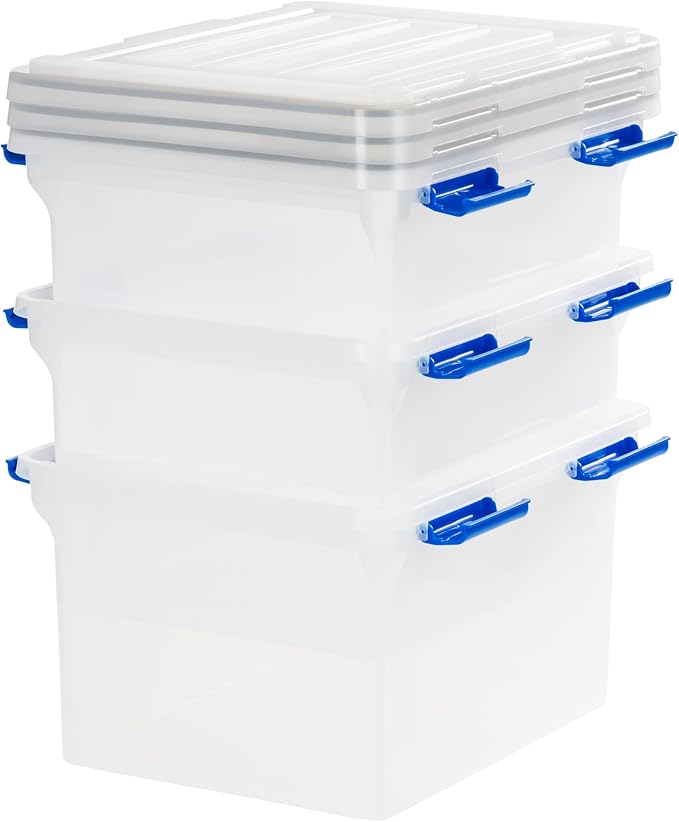 IRIS USA WeatherPro File Box Organizer, Letter/Legal, 32 Qt. 3-Pack, Clear | Store letter and legal documents safely with weather-resistant protection and space-saving stackable storage