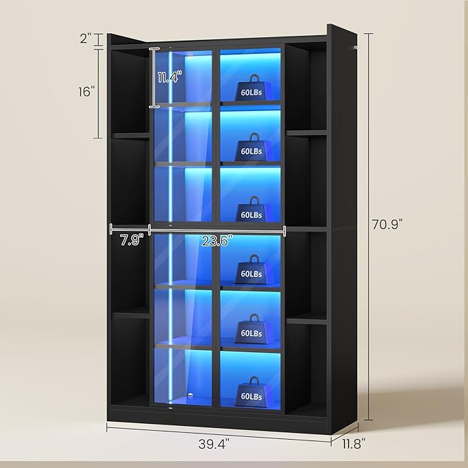 SEDETA 71" Tall 6-Tier Display Cabinet with Doors and Adjustable Shelves | Display Cases for Collectibles,Curio Cabinet with LED Lights & Acrylic Glass Doors for Bedroom Living Room Office,Black