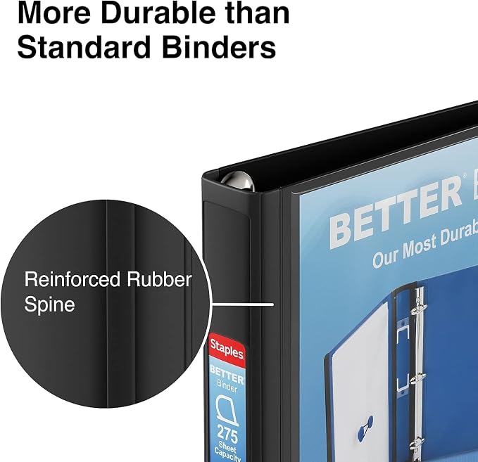 Staples Better Binder, 1 Inch D-Ring, Black, 275 Sheets, 3-Pack | Reinforced spine for durable school and office document organization.