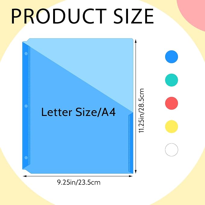 Maitys 30 Pack Binder Pockets 3 Ring, Letter Size 8.5x11,Candy Color | Clear Plastic Document Sleeves, Sheet Protectors with Slash Jacket, Fits Standard 3 Hole Binders, Organize Office Papers