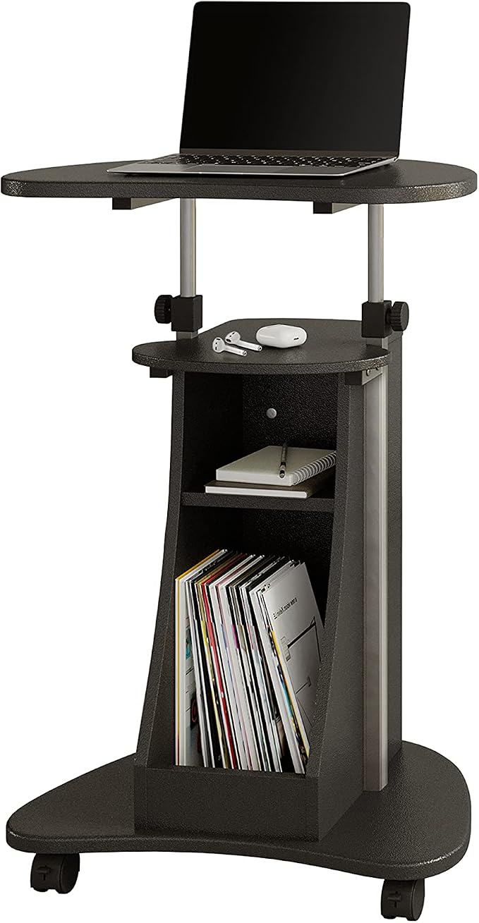 Techni Mobili Adjustable Height Rolling Laptop Cart with Storage, Graphite | Adjustable height rolling laptop cart with storage drawer, open shelf, wheels, sit‑stand design for office or medical use