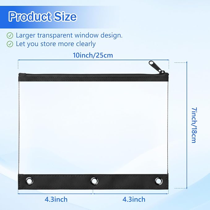 24 Pack Pencil Pouches for 3 Ring Binder Bulk Enlarge Clear Window Pencil Pouches Zipper Pen Case 3 Reinforced Grommet Pen Bag for Binder Utensil Organize Office Supplies(Black)