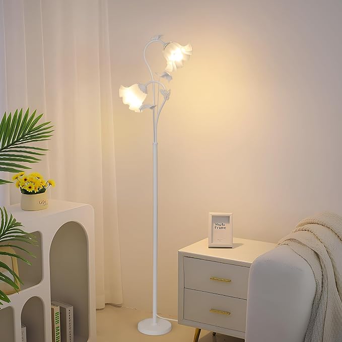 HMVPL White Flower Standing Lamp, Floral Tall Lamp with 2 LED 5W Blubs, Foot Switch, Modern Corner Floor Lamp with Acrylic Shade, Antique Lotus Flower Floor Lamp for Living Room Office Reading