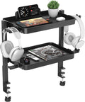 KDD Clamp On Desk Organizer - Adjustable 2-Tier Above or Under Desk Shelves with Large Capacity Tray, Phone & Tablet Holder, Headphone Hook - No Drilling Desktop Storage for Office & Home Accessories