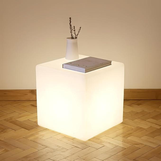 Mr.Go 14-Inch Color Changing LED Cube Light Stool, Glow Cube Seat for Kids | Modern LED Light Side Table, 16 RGB Colors Mood Lighting, Ideal for Home Garden Patio Bar Pool Party Decorative Lighting