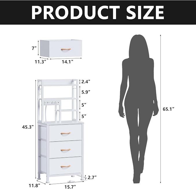 Tall Nightstand, White Night Stand & Bedside Table for Bedroom | LED Lights & USB Ports & type-C, 3 PVC Fabric Drawers and 4-Tier Storage Shelf, Bedside Table for Bedroom, Dorm