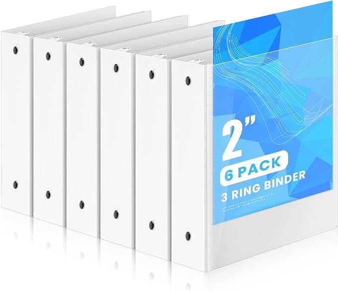 Henoyso 2 Inch 6 Pack Mini Clear View 3 Ring Binders for 5.5"x8.5",White | Holds 490 Sheets, Clear Front Covers, Flexible Plastic Binder Bulk, Three Round Rings, School Office Report Filing, Planners