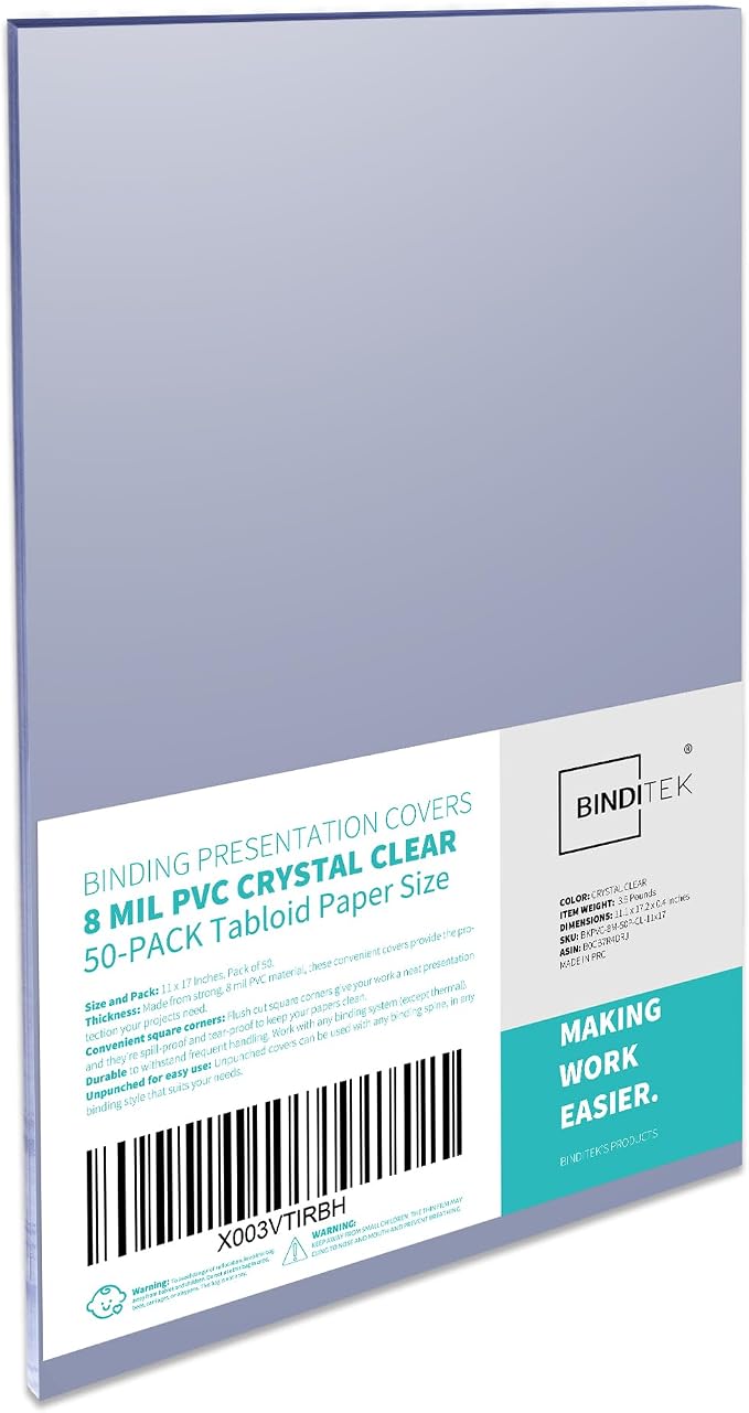 Binditek 8 Mil PVC Binding Covers, 11 x 17 Inches, Clear, 50 Pack | PVC Binding Presentation Covers, 11" x 17" Ledger/Tabloid Size, Square Corners, Unpunched, for Office School Supplies