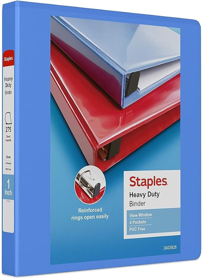 Staples Heavy-Duty 1-Inch D-Ring View Binder, Periwinkle, 275 Sheets | Reinforced spine for durable everyday use in office and school settings.