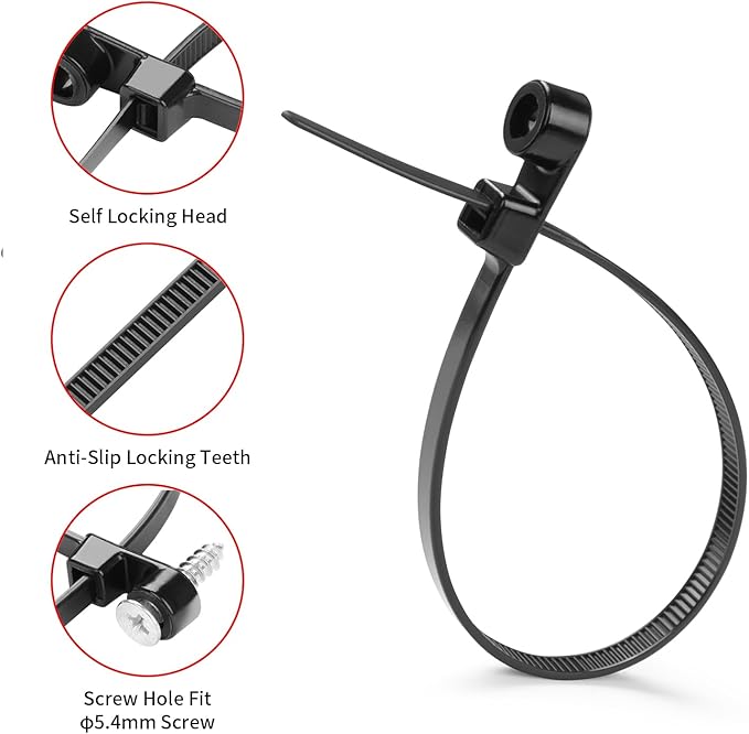 MasiStranth 200 PCS 10 inch Black Zip Ties with Screw Hole 70lbs Mountable head Cable Ties Straps Multipurpose Heavy Duty Nylon Cable Zip Ties with Screw Mounting Hole