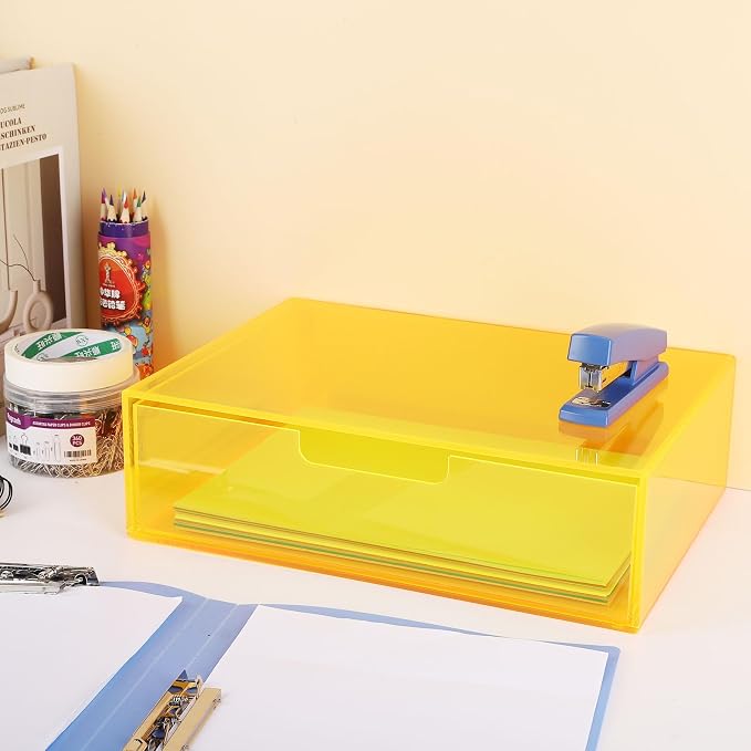 Gelite Acrylic Desk Organizer with Drawer for Makeup Vanity Stackable Desktop Storage Box for Office Supplies, 13.8 x 9.8 x 3.9’’, Neon Yellow