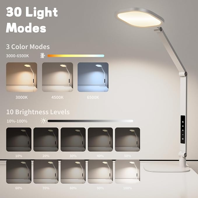 LED Desk Lamp for Home Office, Soft Edge-lit Design, Modern Style | Professional Eye-Caring Diffused Light, Dimmable Computer Light with 30 Modes, Memory & Timer, Flexible Swing Arm Table Lamp