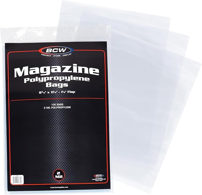 BCW Magazine Bags - 100 Count | Acid-Free, Crystal Clear Polypropylene Sleeves for Archival-Quality Storage of Collectible Magazines | Protect and Showcase Your Valuable Comic Book Collection