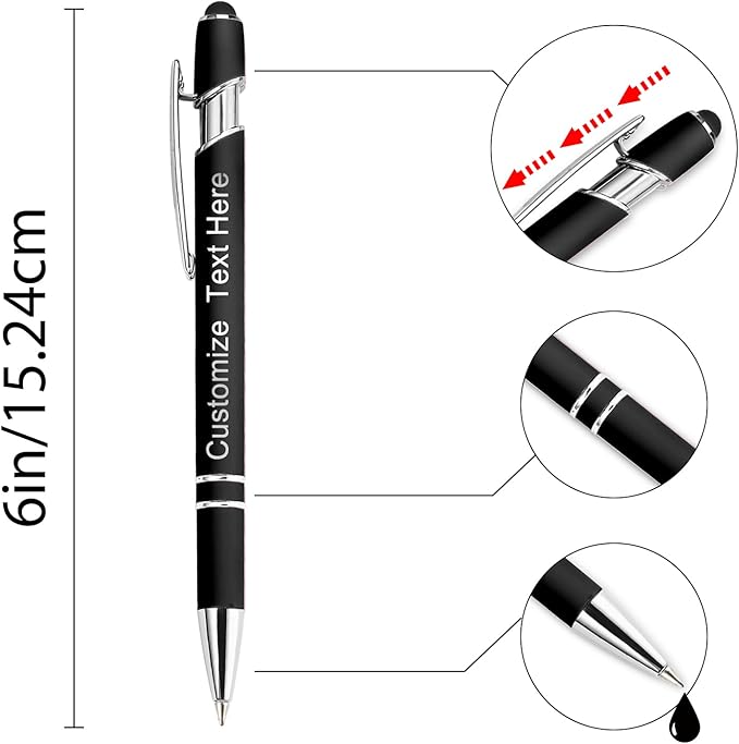 Custom Pens Bulk Personalized Ballpoint Pen with Stylus Tip Customized Engraved Pens with Name Logo Soft Black Ink with Touch Metal Office for Business Office Teacher School Corporate Gifts Black