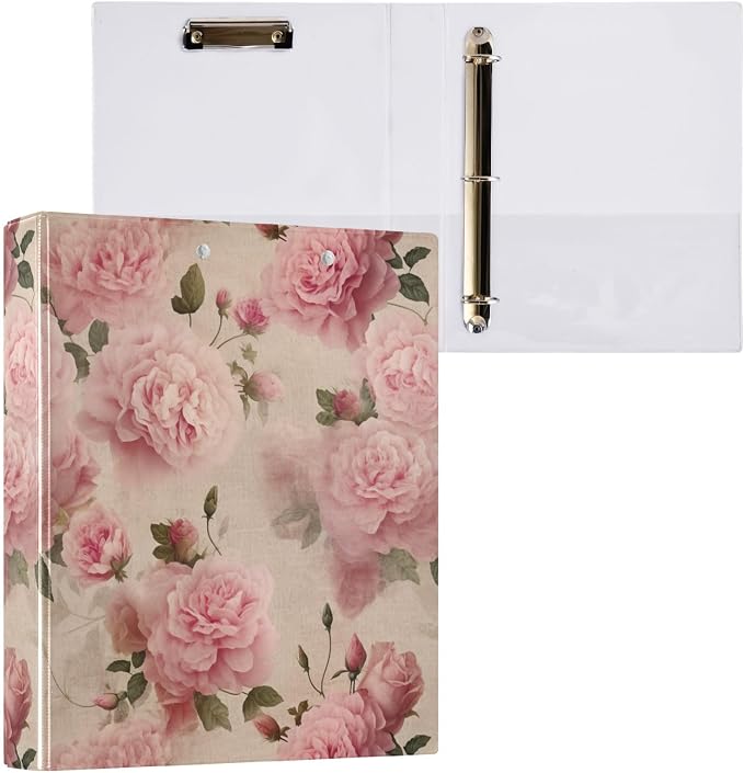 Vintage Pink Floral 1.5 Inch Binder 3 Ring, D Ring Binder with Anti-Slip Metal Clip Three Ring Binders Decorative for School Supplies, 1 Pack