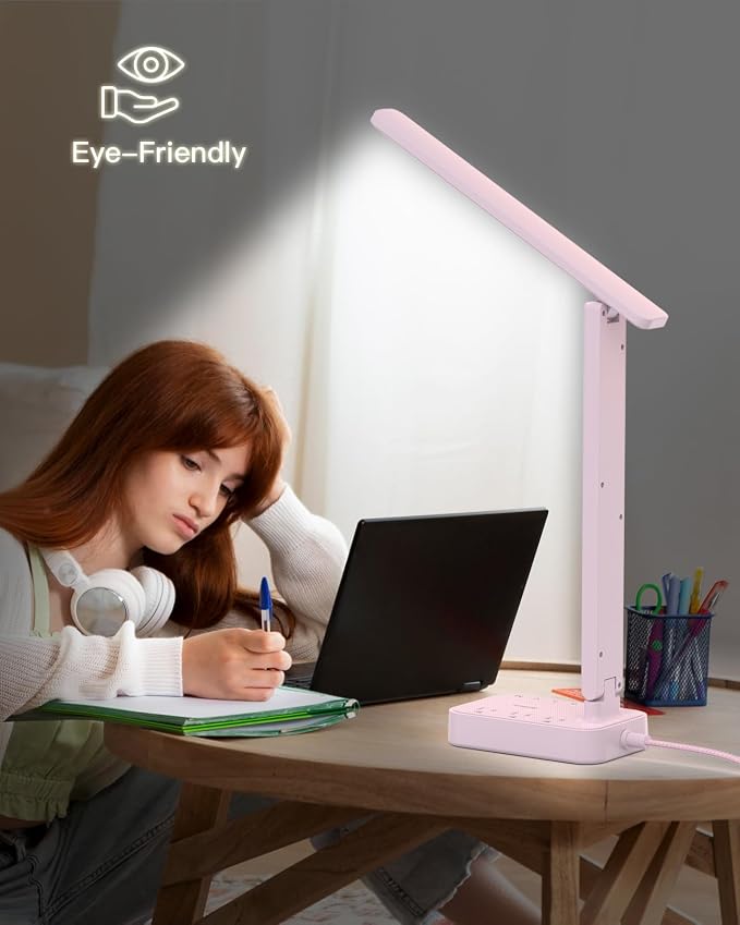 Addtam LED Desk Lamp, Power Strip with 3 Outlets 4 USB Charging Ports(2 USBC), 4 Modes 5 Level Brightness Touch Lamp, Small Desk Lamp for Home Office College Dorm Room Essentials, Pink
