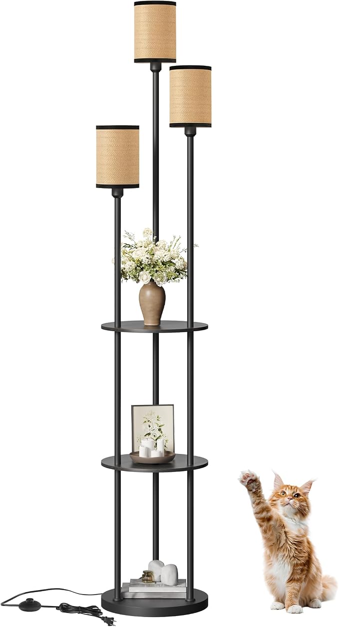 Floor Lamp with Shelves, for Living Room, 3-Light Standing Lamp | Modern Floor Lamp with Foot Switch, 3-Tier Shelf, 70.9" Tall Lamp, for Bedroom, Study, Office, Black and Yellow YB53LD05