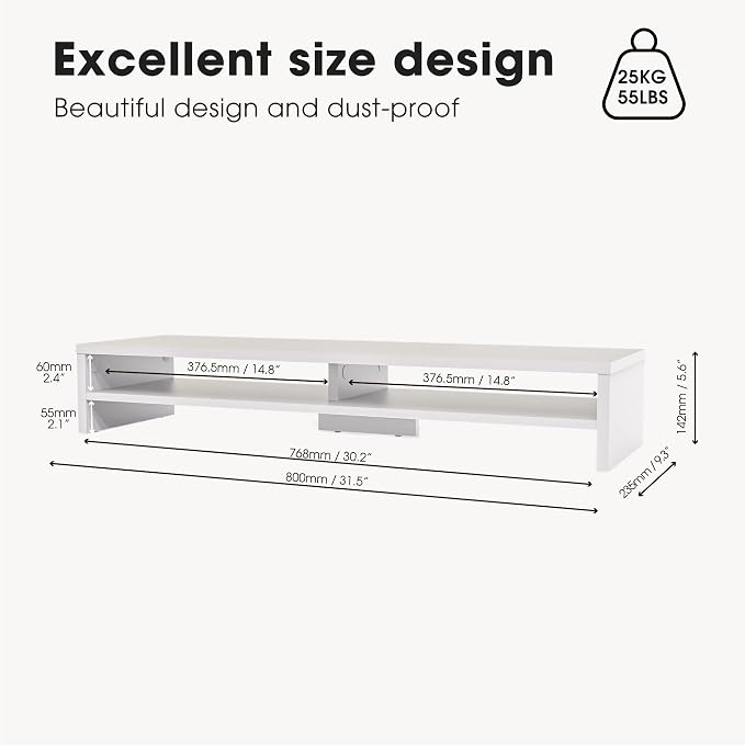 Fenge 31.5 Inch Dual Monitor Stand Riser for Desk, White | Wooden Desk Shelf, 2-Tier Open Storage Compartment, for PC Laptop Screen Printer, Home Office Desktop Organizer