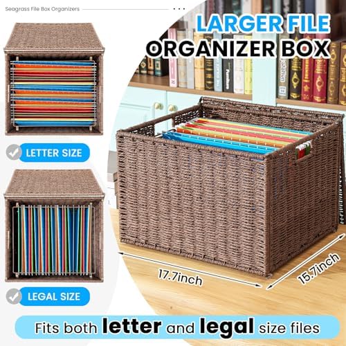 Cinnvoice Extra Large Decorative File Box 18 x 16 x 13 in Wicker Seagrass File Basket Organizer for Letter Legal Size Hand Woven Hanging Filing Cabinet with Lid for Office Paper Rope, Dark Brown