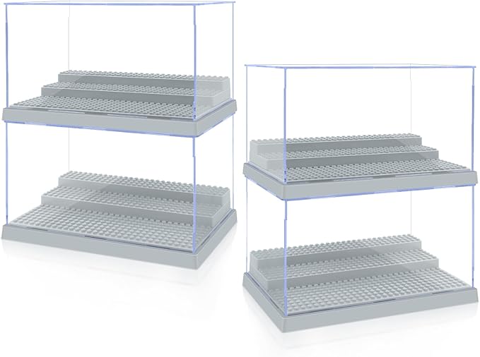 4 Pack Display Case for Minifigure Action Figures Blocks, Acrylic Minifigure Display Case Box Storage with 3 Movable Steps Gift for Kids Adults (Grey)
